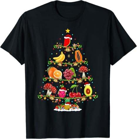 Black t-shirt with a colorful fruit Christmas tree design on a white background