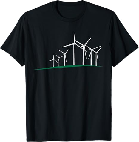 Black t-shirt with white windmill design on a plain background