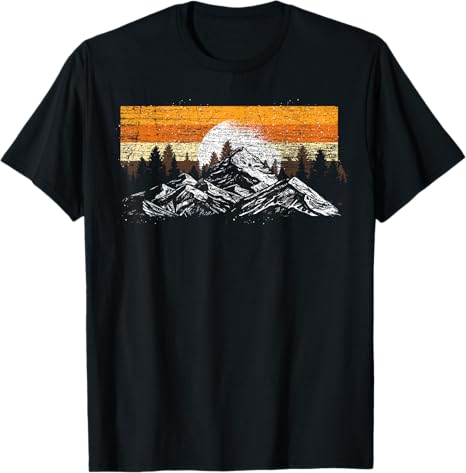 Black t-shirt with mountain graphic and sunset design on a white background
