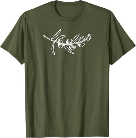 Green t-shirt with a white olive branch design on a white background