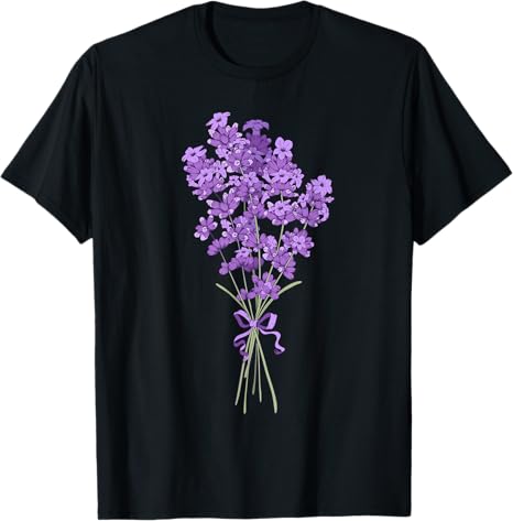Black t-shirt with a design of purple flowers and a bow on a white background
