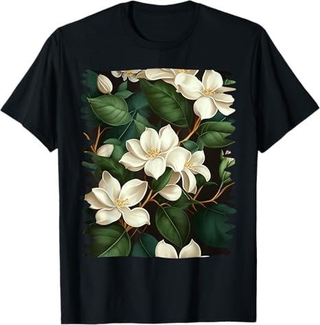Black t-shirt with white floral design on a plain background