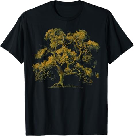 Black t-shirt with a yellow tree design on a white background