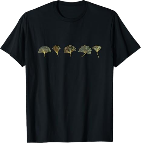 Black t-shirt with gold leaf designs on a white background