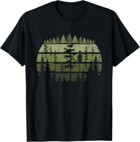 Black t-shirt with a graphic of trees reflected in water on a white background
